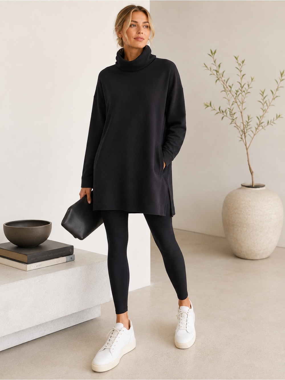 SPANX AirEssentials Tunic Sweatshirt Black Cowl Turtleneck Oversized Medium